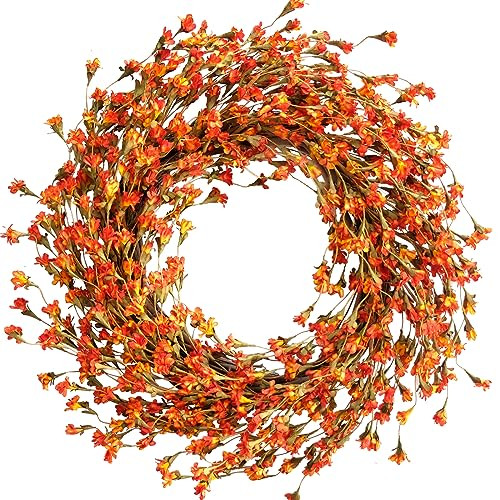 TEMPUS Fall Forsythia Wreath 20" Artificial Wreath for Front Door Hanging Wall Decoration Fall Harvest Thanksgiving Home Decor (Orange) | Amazon (US)