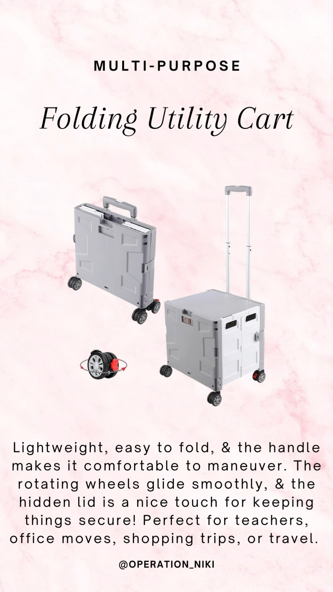Lightweight, easy to fold, & the handle makes it comfortable to maneuver. The rotating wheels glide smoothly, & the hidden lid is a nice touch for keeping things secure! Perfect for teachers, office moves, shopping trips, or travel. 

#LTKHome #LTKTravel #LTKFamily