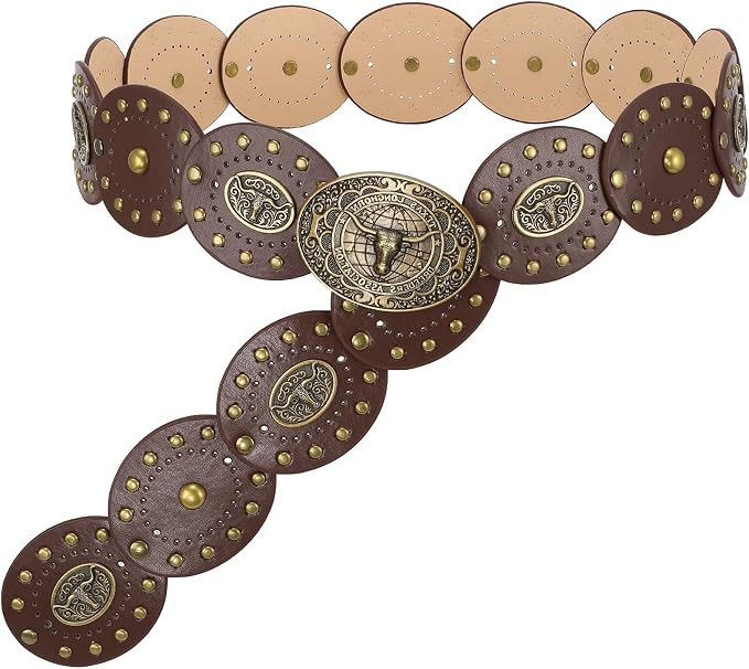 LEACOOLKEY Women's Boho Disc Belt Cowboy Wide Western Concho Leather Belt for Dresses Jeans Pants | Amazon (US)