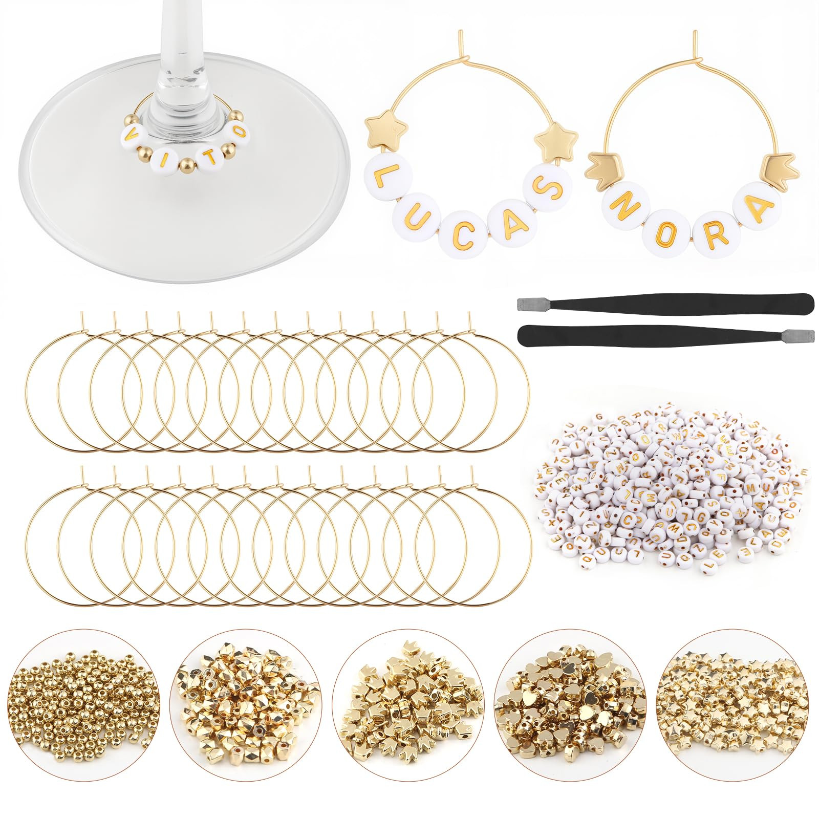 60 Set DIY Wine Glass Charms, 1040 Letter Beads 300 Gold Bead Charms 60 Rings for Stem Glasses, P... | Amazon (US)