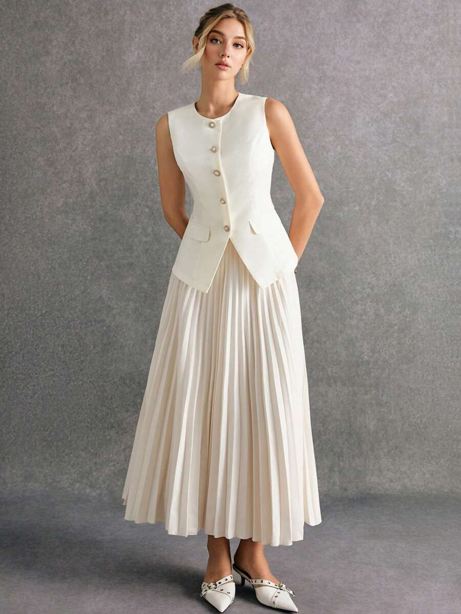 Poéselle Women's Elegant Sleeveless Tweed Top And Pleated Midi Skirt Set In Apricot Features A S... | SHEIN