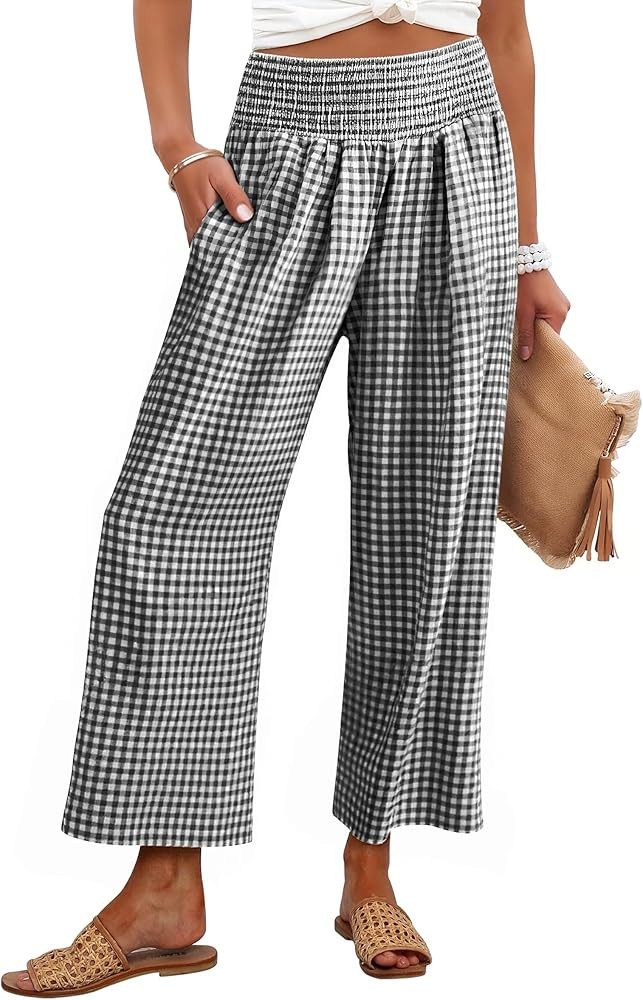 ANRABESS Women Striped Gingham Wide Leg Palazzo Pants Casual Lounge Cropped PJ Bottoms Comfy Cute... | Amazon (US)