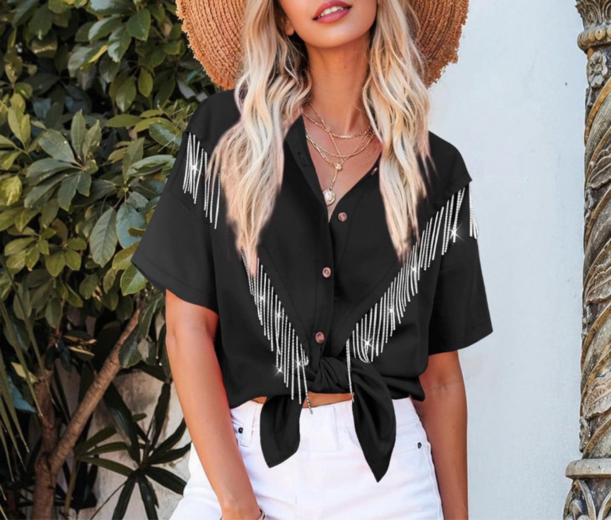 Nlife Womens Nashville Sparkly Rhinestone Fringe Buttons Shacket Concert Outfits Short Sleeves Spakle Tassel Shirts

#LTKFindsUnder50 #LTKStyleTip