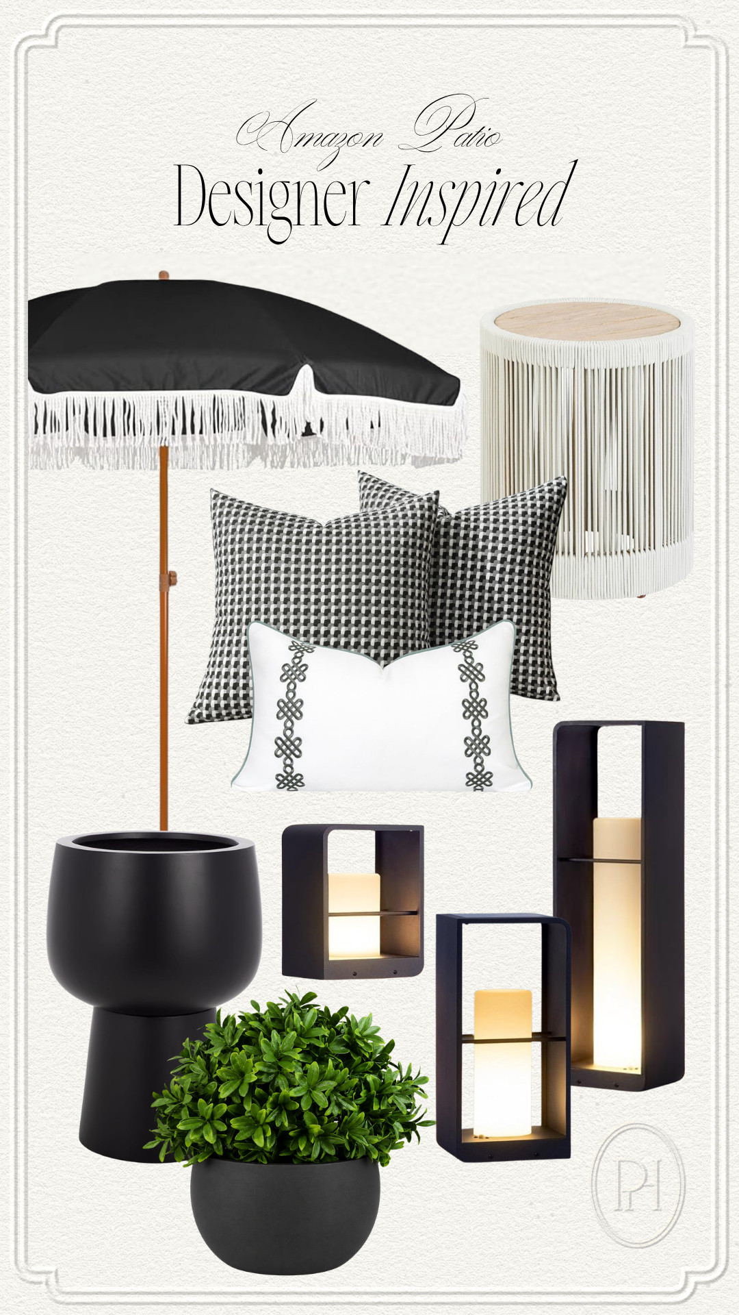 Designer inspired patio finds from Amazon!

black umbrella, patio umbrella, outdoor umbrella, patio decor, outdoor decor, patio end table, outdoor end table, modern lanterns, outdoor lanterns, black planters, planter pots, faux boxwood plants, faux greenery, fringe umbrella, outdoor pillows, patio pillows, black and white patio 

 #LTKSeasonal #LTKHome