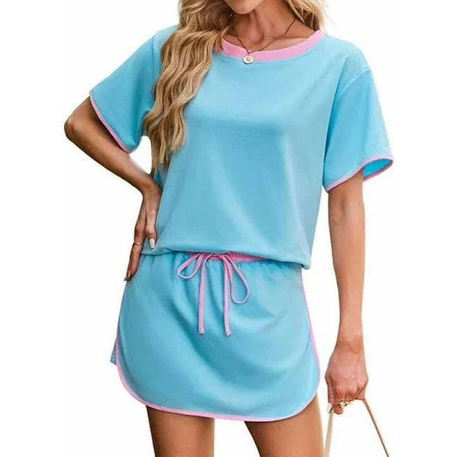 Pinklaura Short Set, Women's Colorblock Edge Drop Shoulder T-Shirt Skort 2pcs Set, Pink Laura 2 P... | Walmart (US)