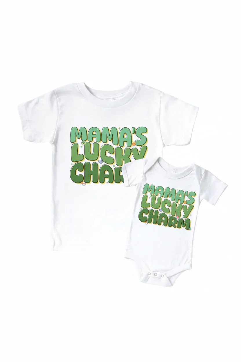 Mama's Lucky Charm Graphic Bodysuit & Kids Tee | White | Caden Lane