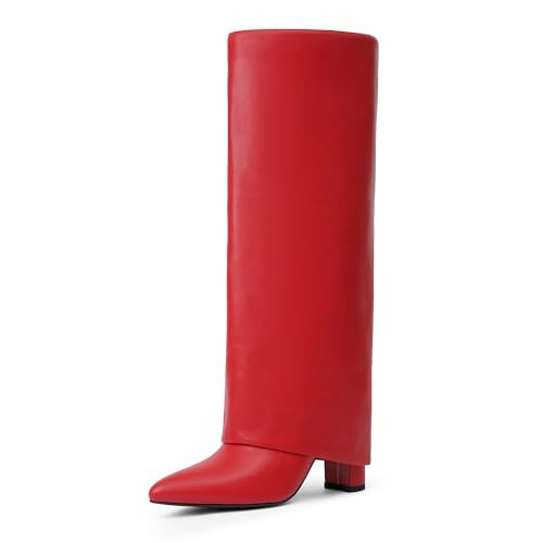 Modatope Womens Red Fold Over Knee High Boots Chunky Heel Pointed Toe Boots Dress Tall Block Boots Red Long Boots Size 10 | Amazon (US)