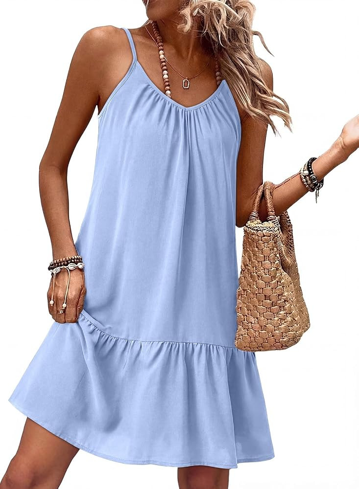 Dokotoo Womens Summer Dresses Spaghetti Strap Smocked Flowy Boho Dresses | Amazon (US)