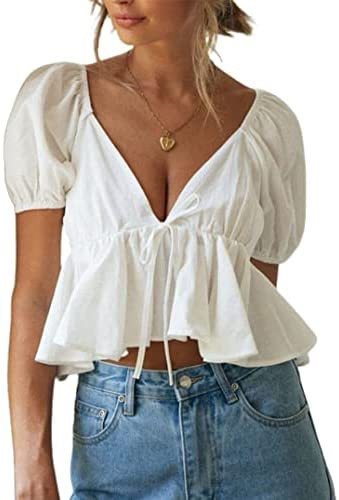 Remidoo Women's Puff Short Sleeve Tie Back V Neck Ruffle Hem Peplum Crop Tops | Amazon (US)
