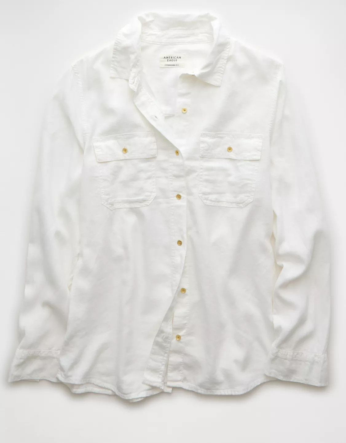AE Weekend Vibes Linen-Blend Long-Sleeve Button-Up Shirt | American Eagle Outfitters (US & CA)