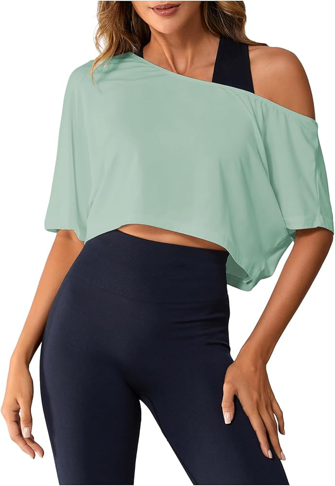 SOLY HUX Women's Off The Shoulder Tee Yoga Workout Crop Top Half Sleeve Asymmetrical Neck Activew... | Amazon (US)