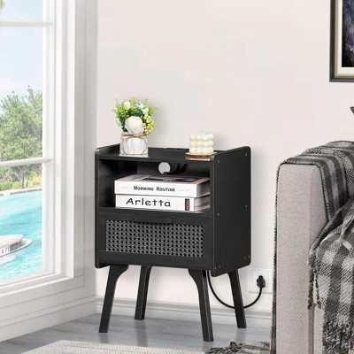 Rattan Nightstand With Charging Station, Side Table With Drawer Open Shelf, Cane Bedside End Table With Solid Wood Legs(Black) | Wayfair North America