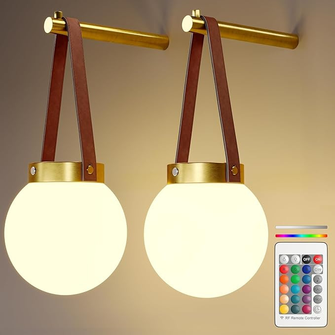Battery Operated Wall Sconces Set of 2, Gold Wall Lamps for Bedroom with Remote Control Warm/Natu... | Amazon (US)