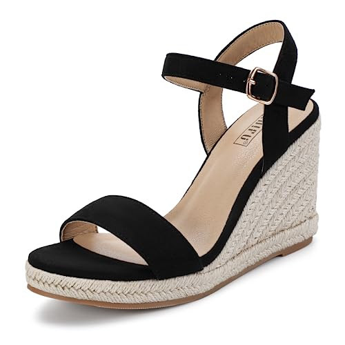 IDIFU Black Espadrille Wedge Sandals for Women Open Toe Ankle Strap Platform Wedges Heels Causal Summer Wedge Shoes Comfortable Espadrilles Wedges (Black Suede, 12) | Amazon (US)