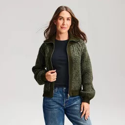 Women's Heritage Cable Bomber Collared Pullover Sweater - Universal Thread\u2122 Olive Green S | Target