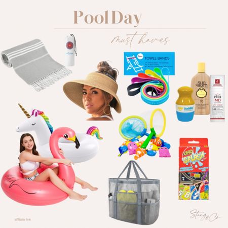 Pool day must haves include Turkish towels, a sun hat, towel bands, sunscreen and sunscreen applicator, pool floaties, a pool
bag, water toys, and Uno. 

Summer must haves, pool day, pool essentials 

#LTKfindsunder50 #LTKSeasonal #LTKswim