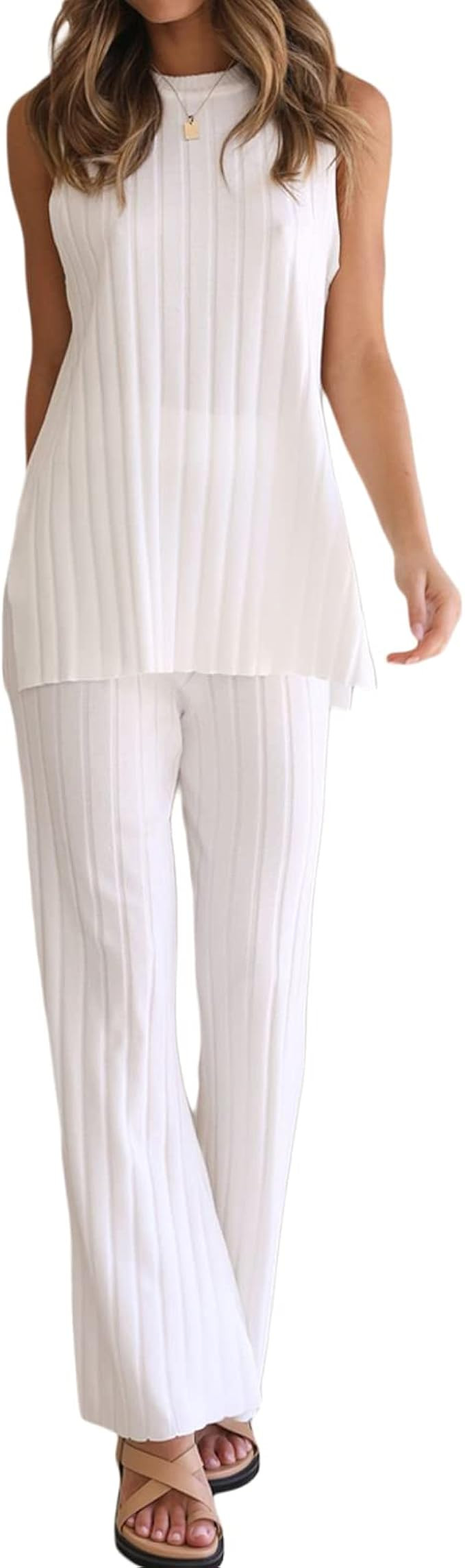 Sexy Two Pieces Plisse Pants Set for Women Y2K 2Pcs Matching Set Strapless Tube Top Pleated Wide ... | Amazon (US)