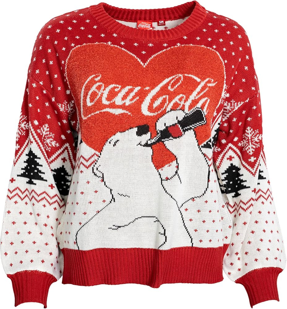 Coca Cola Heart Polar Bear Drinking Womens Ugly Christmas Sweater | Amazon (US)
