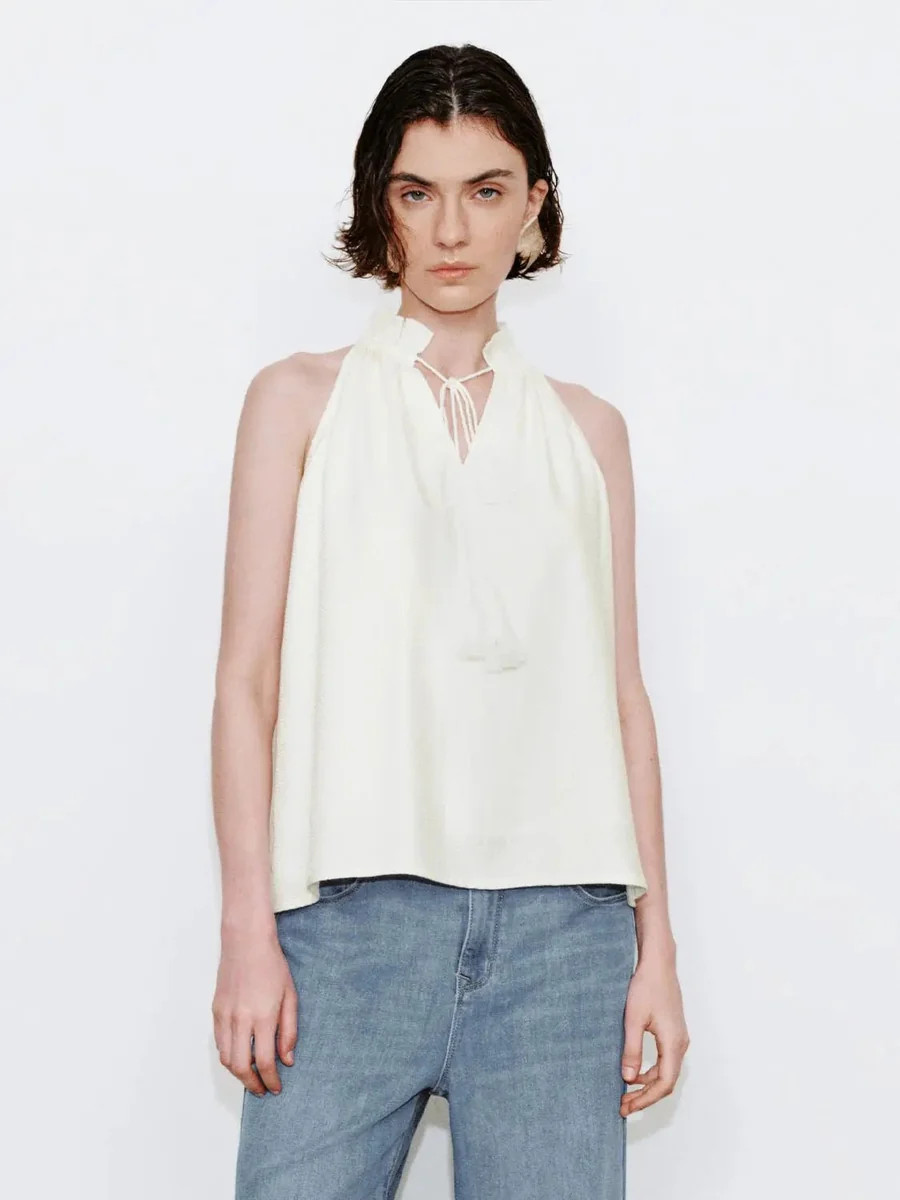 Tassel Detail Ruffle Neck Sleeveless Denim Shirts | Urban Revivo