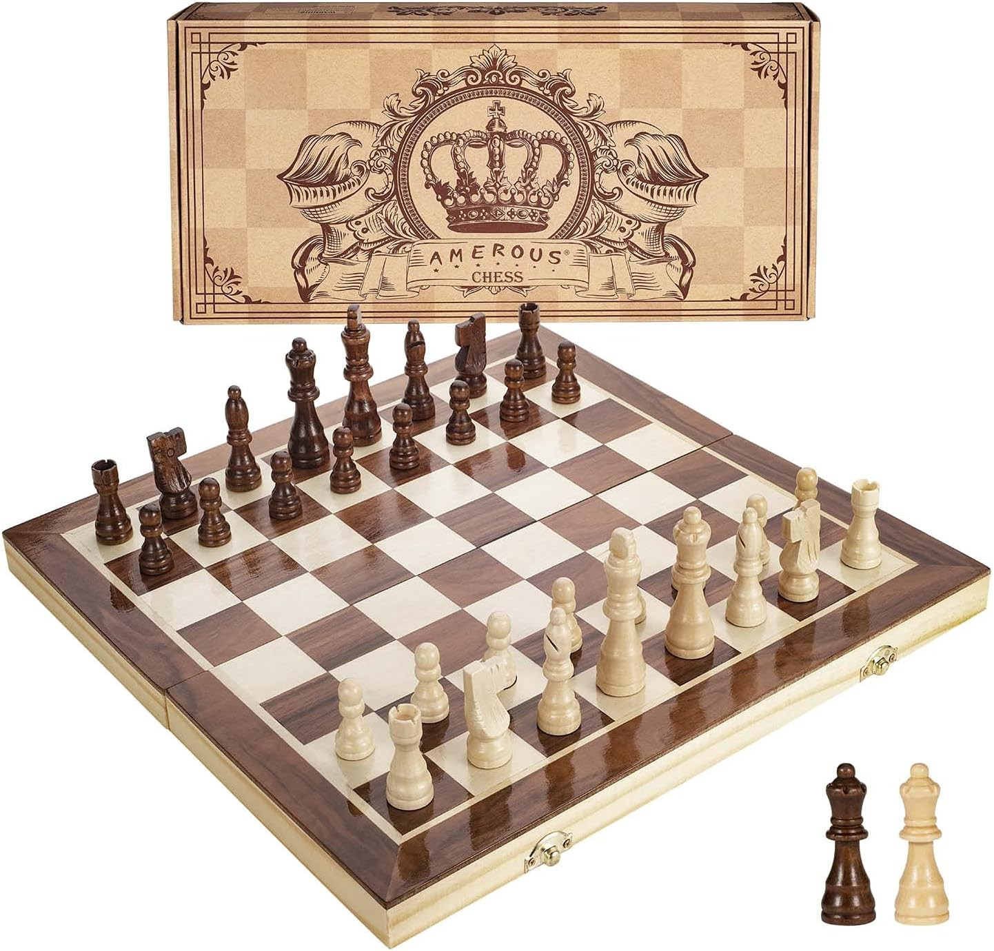 AMEROUS 15 Inches Magnetic Wooden Chess Set - 2 Extra Queens - Folding Board - Pieces Storage Slots, Handmade Portable Travel Chess Game - Beginner Chess Set for Kids, 6 up Age | Amazon (US)