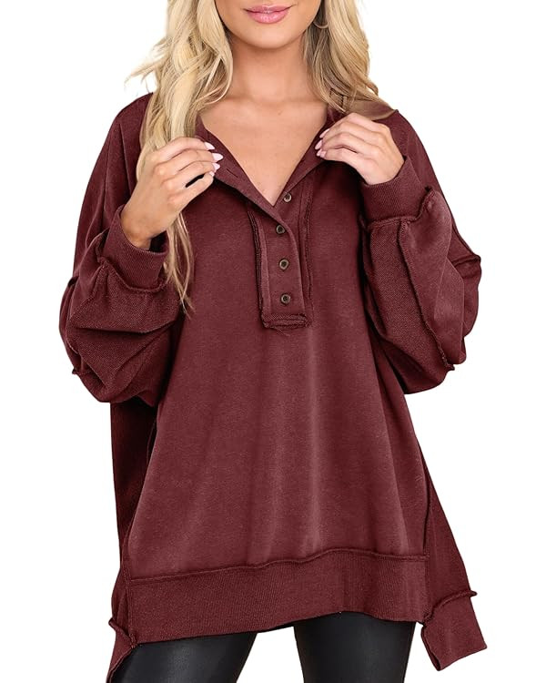 AlvaQ Sweatshirt for Women Oversized Casual Long Sleeve Button Henley Neck Pullover Tunic Tops Fa... | Amazon (US)