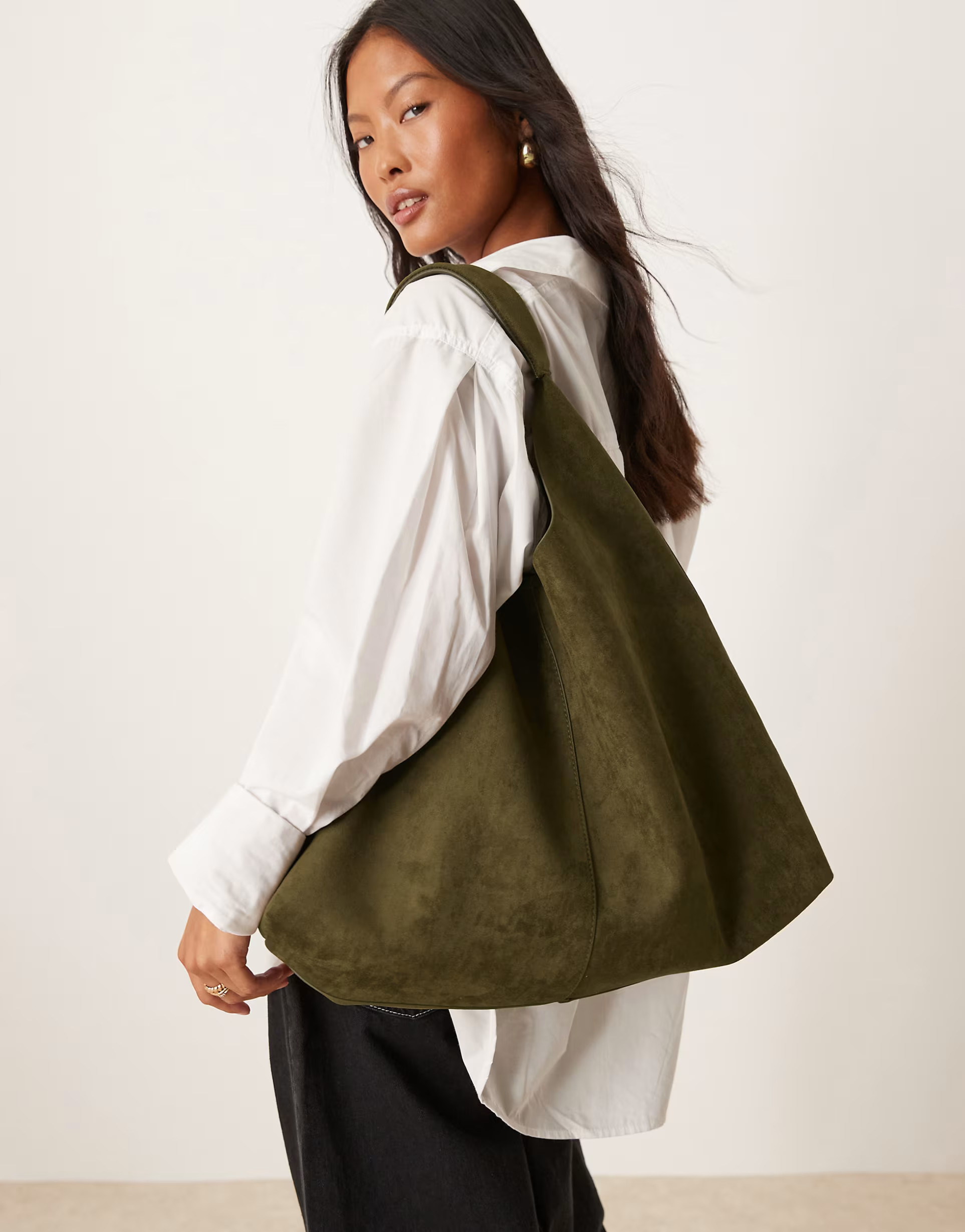 ASOS DESIGN faux suede scoop tote bag in khaki | ASOS (Global)