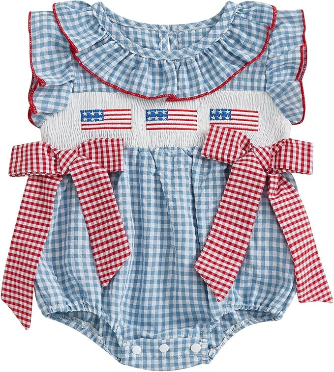 Amazon.com: Rourufy Fourth Of July Baby Girl Outfit Infant Bow Bubble Smocked Romper American Fla... | Amazon (US)