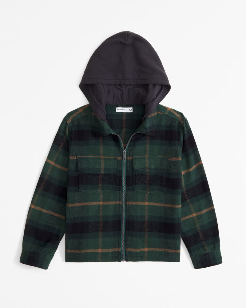 abercrombie kids boys hooded flannel overshirt in green plaid - size 13/14 | Abercrombie & Fitch (US)
