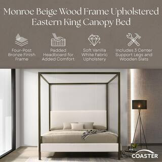 Coaster Monroe Beige Wood Frame Upholstered Eastern King Canopy Bed 300834KE - The Home Depot | The Home Depot