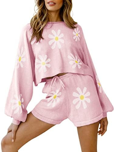 Ekouaer Knit Pajamas Set for Women Lounge Sets Long Puff Sleeve Top and Shorts 2 Piece Outfits Sw... | Amazon (US)