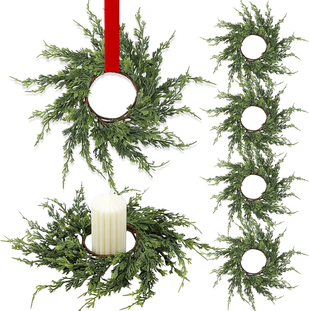 Vesici 4 Pcs 12.6'' Christmas Candle Rings Wreath Artificial Cedar Mini Kitchen Cabinet Wreath De... | Amazon (US)