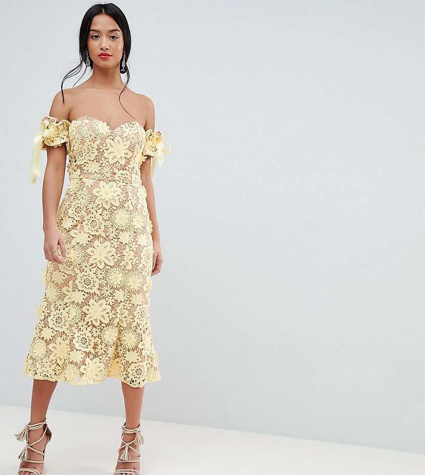 Jarlo Petite All Over Cutwork Lace Bardot Midi Dress With Tie Sleeve Detail - Yellow | ASOS US