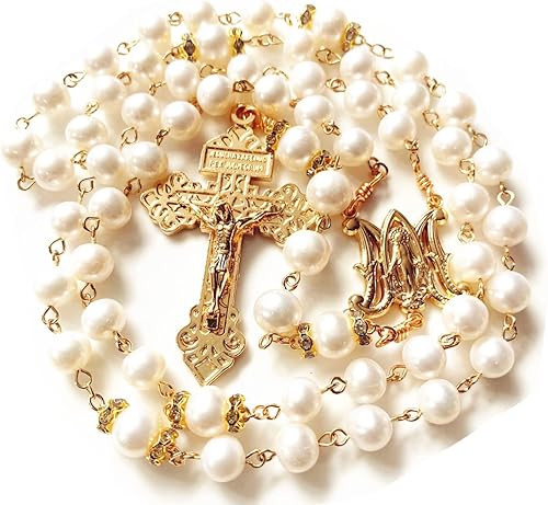 elegantmedical GOLD AAA 8-9MM pearls PEARL BEADS ROSARY CROSS NECKLACE CATHOLIC GIFT | Amazon (US)