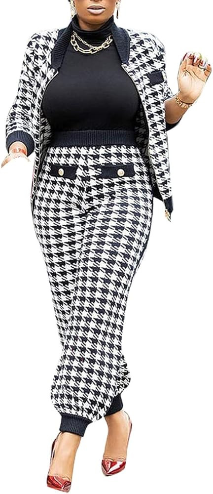 LKOUS 2 Piece Work Suits for Women's Houndstooth Print Buttons Open Front Long Sleeve Coat + Long... | Amazon (US)