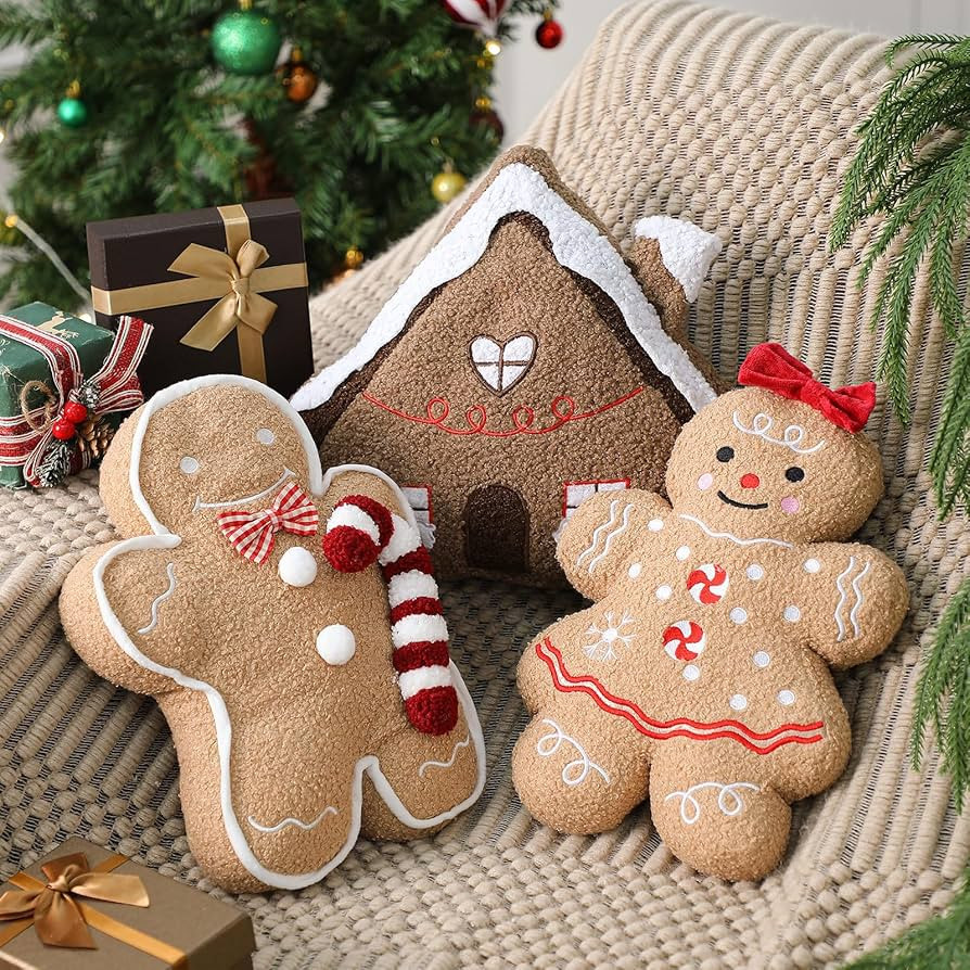 Vicenpal 3 Pcs Christmas Throw Pillows Plush Teddy Sherpa Gingerbread Men Gingerbread House Shape... | Amazon (US)