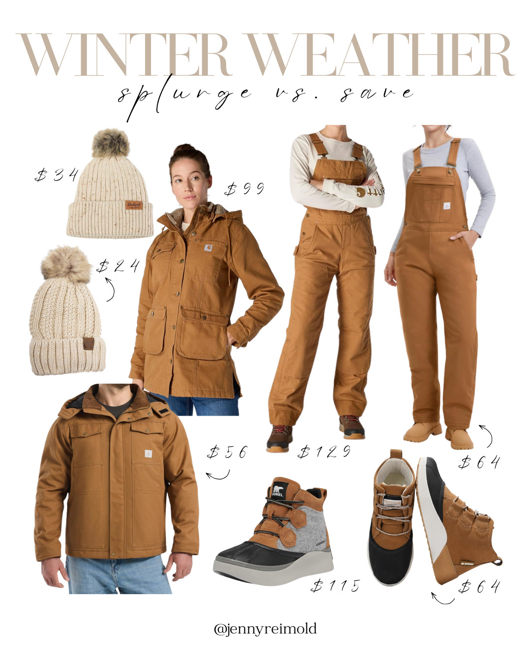 Winter Weather: Save vs. Splurge. 

Two price points for winter overalls and gear for women! The Carhartt and Sorel combo and additional Amazon versions that look similar. 

 
