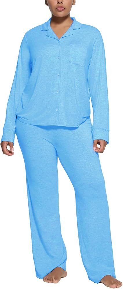 Women's Pajama Sets Long Sleeve Button Down Soft Knit Sleepwear 2 Piece Lounge Set | Amazon (US)