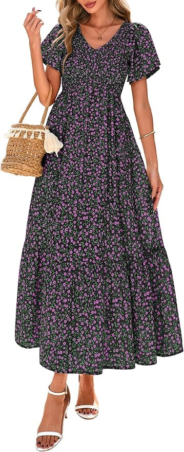 PRETTYGARDEN Boho Dresses for Women 2026 Summer Floral Short Sleeve V Neck Smocked Flowy Beach Va... | Amazon (US)