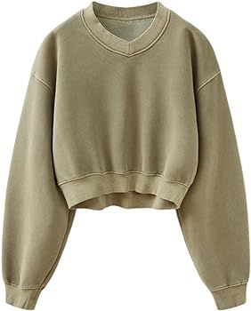 HOULENGS Women's Vintage Long Sleeve Cropped Fleece Sweatshirt V Neck Pullover Sweatshirts Tops | Amazon (US)