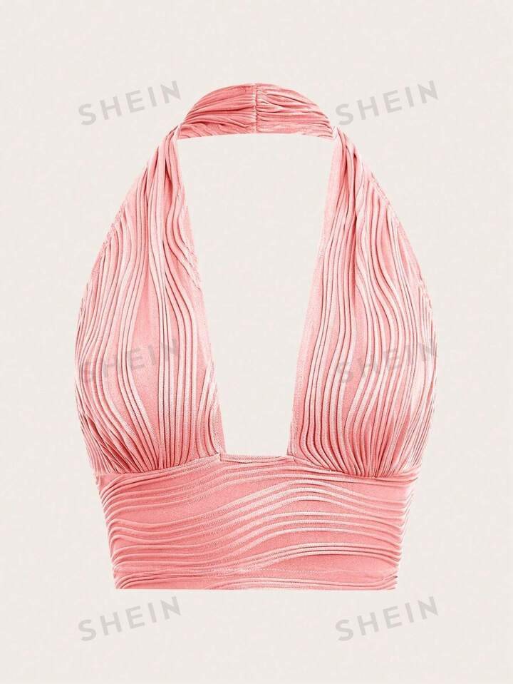 SHEIN ICON Solid Textured Backless Halter Top | SHEIN