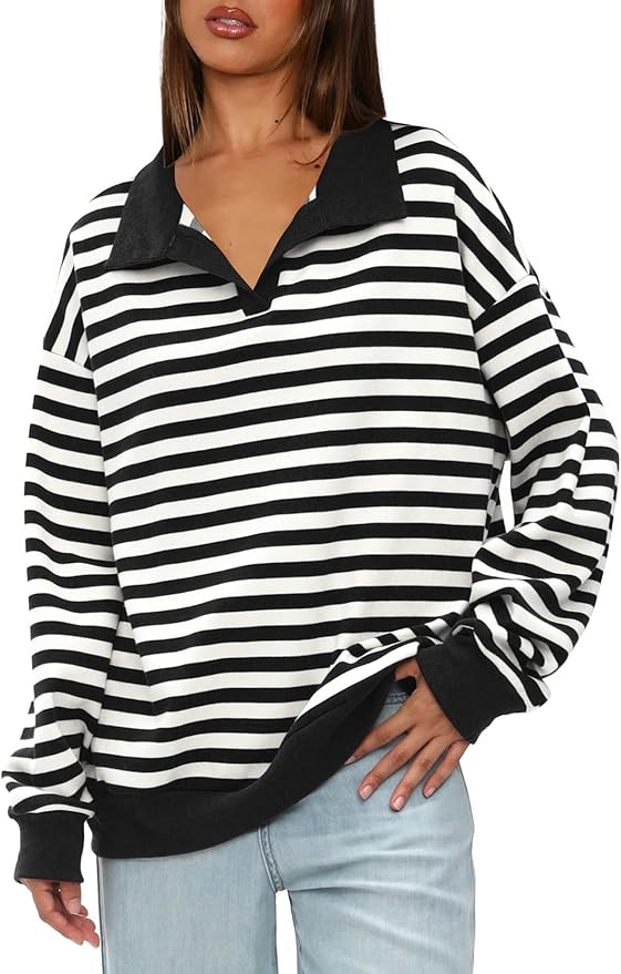 Darong Womens Oversized Contrast Striped Long Sleeve Collared Sweatshirts Casual Cotton Pullover ... | Amazon (US)