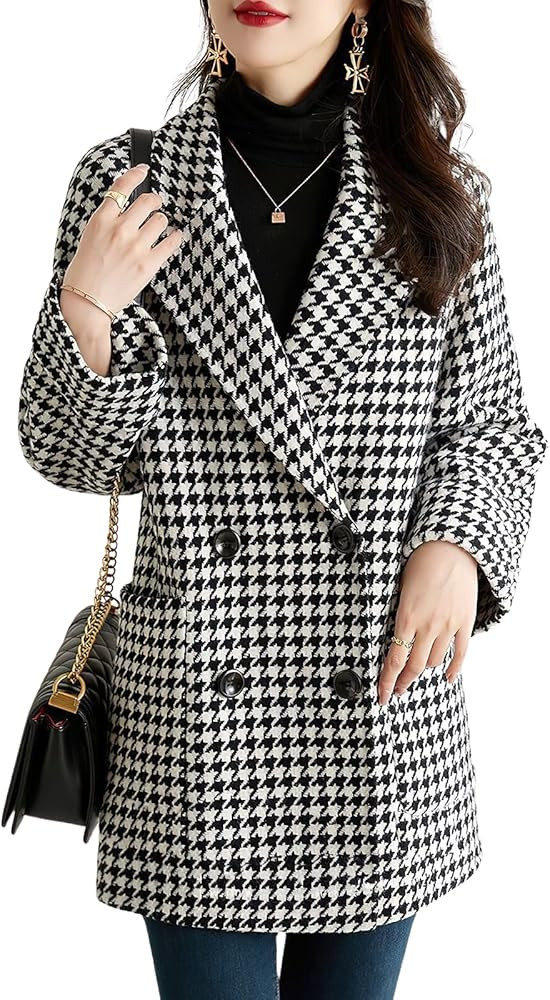 ebossy Women's Trendy Houndstooth Plaid Blazer Jacket Notched Lapel Double Breasted Loose Fit Thi... | Amazon (US)