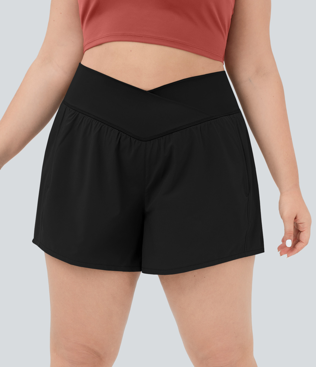 Halara Breezeful™ High Waisted Crossover Pocket Plus Size 2-in-1 Quick Dry Yoga Shorts 4.5"  - Black - 2X booty shorts compression shorts | HALARA