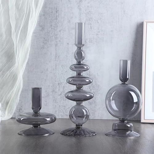 Candlestick Holders, 3 Pcs Glass Candle Holders for Table Centerpiece, Taper Candle Holders Candle Sticks Holder Decor for Wedding Decor and Dinner Party (Color : Grey) | Amazon (US)