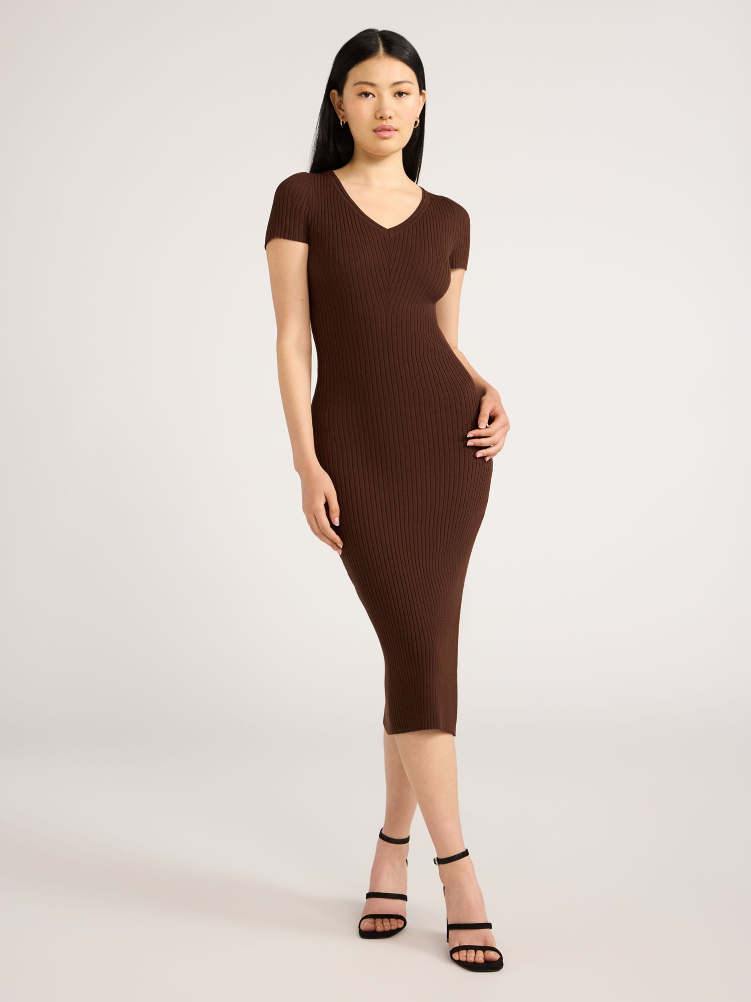 Scoop Women's V-Neck Bodycon Ribbed Sweater Dress, Midweight, Sizes XS-XXL | Walmart (US)