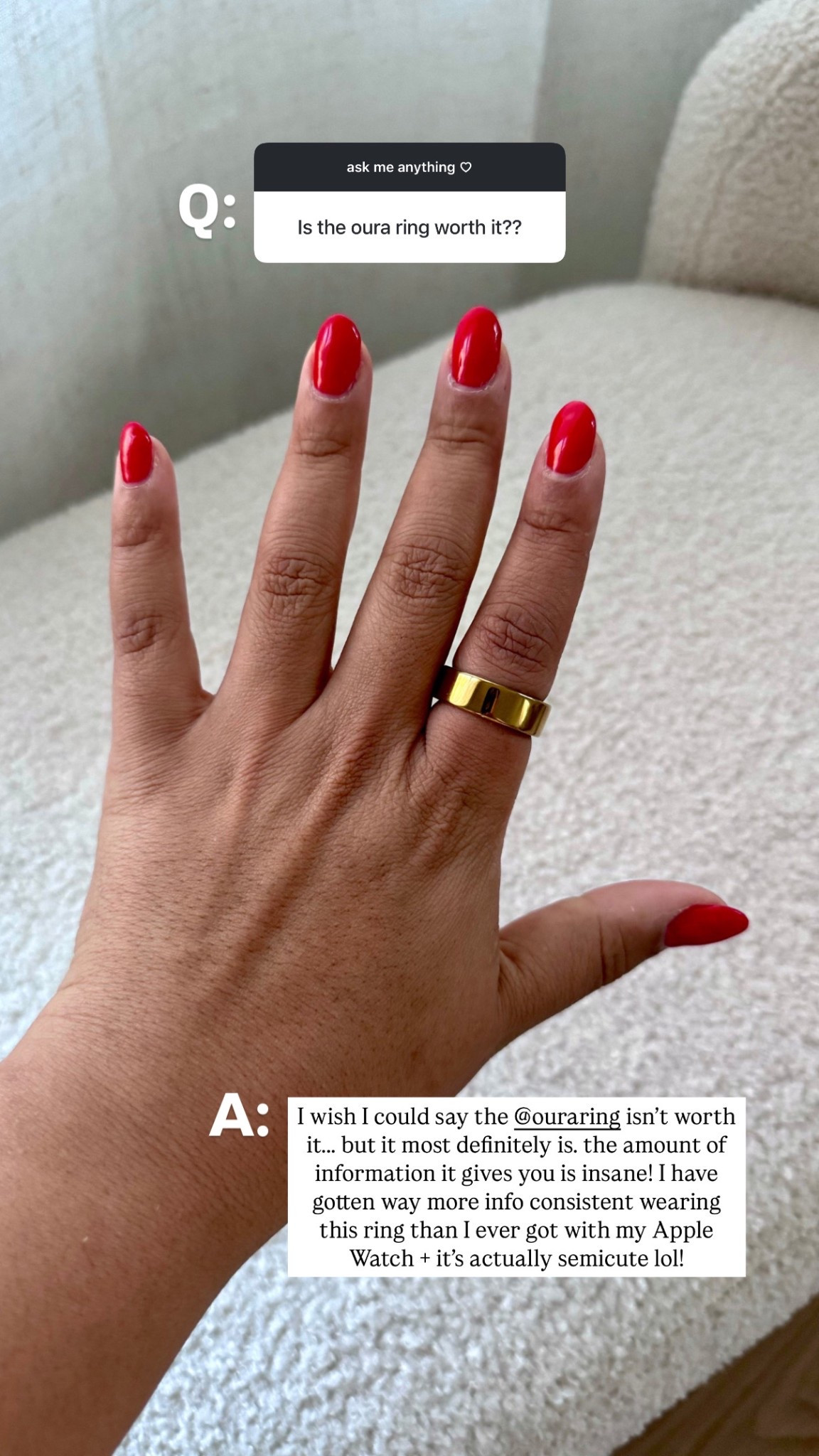 Q&A: the Oura ring is worth every single penny! I am wearing a size 11 (I normally wear a 10 on that finger, so size up!) but yes — it’s worth it!! 

#LTKStyleTip #LTKMidsize #LTKActive