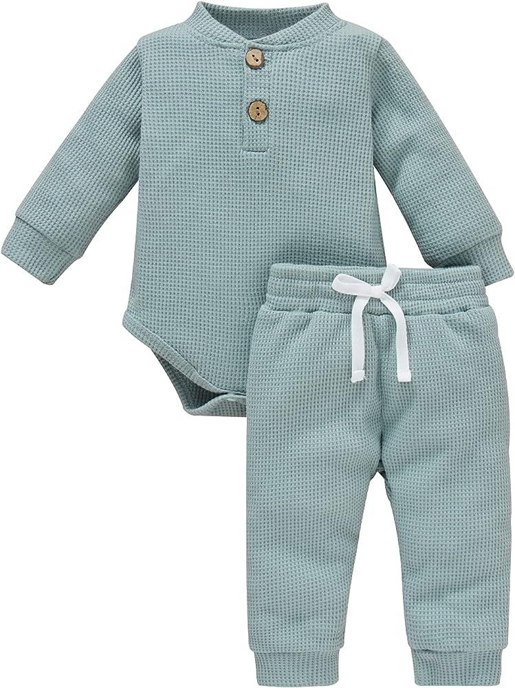 Winter Newborn Baby Boy Girl Clothes Set Ribbed Outfits Unisex Infant Solid Cotton Button Long Sl... | Amazon (US)