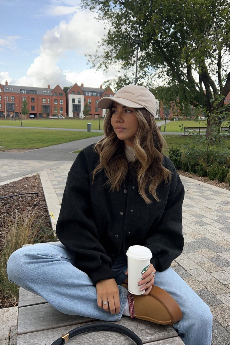 Ugg Tasman dupes for £30 styled with weekday rowe straight leg jeans and wool blend cropped bomber jacket. Autumn outfit ideas 