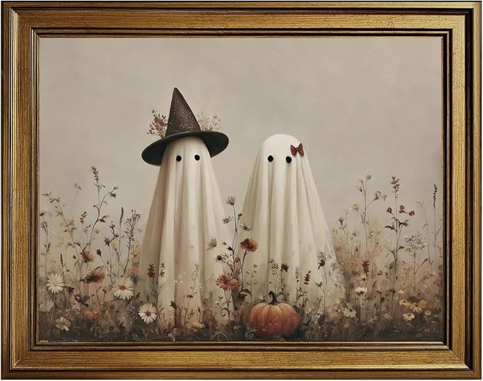 Whimsical Ghost Halloween Wall Art Canvas Print Vintage Ghost Couple Pumpkin Poster Picture Hallo... | Amazon (US)