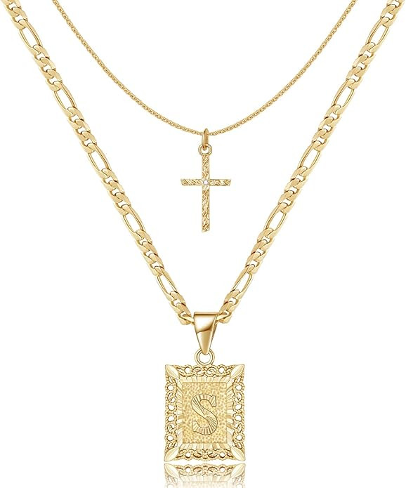 KELORIS PATH Gold Layered Initial Cross Necklace, 14K Gold Plated Layering Square Letter Pendant ... | Amazon (US)